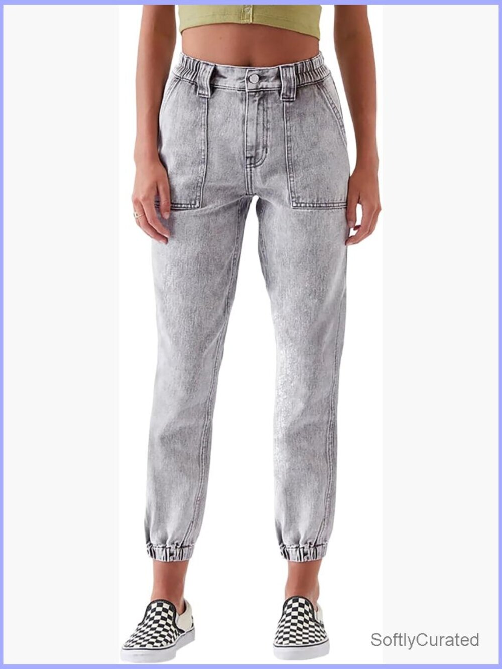 High Waisted Stretch Denim Joggers with Drawstring Elastic Waist